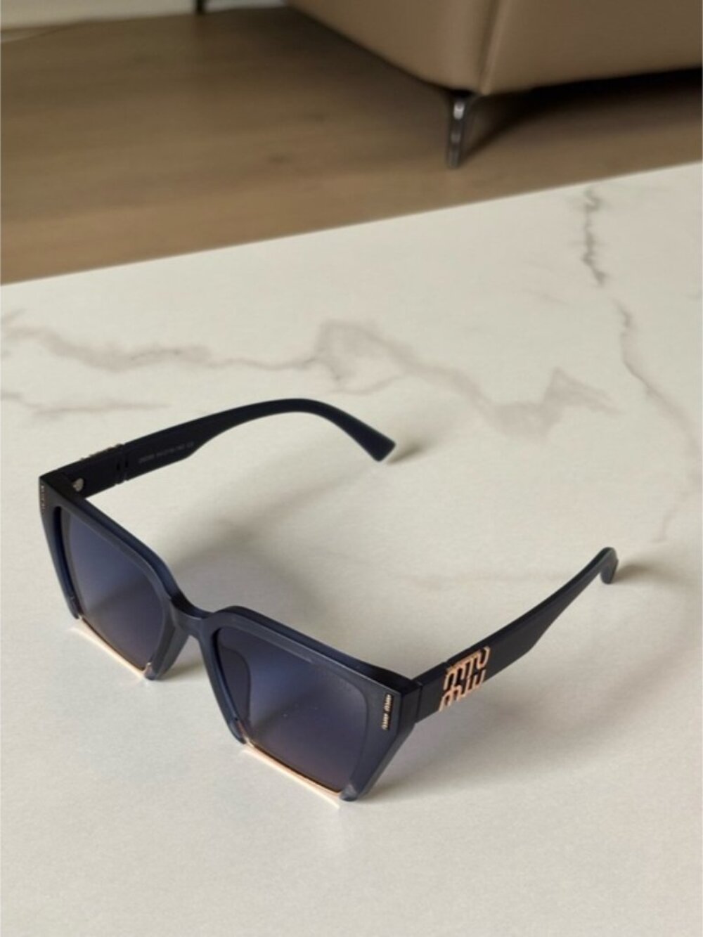 Miu Miu Dark Blue Gradient Oversized Square Sunglasses with Gold Temple Detail - Picture 3 of 4